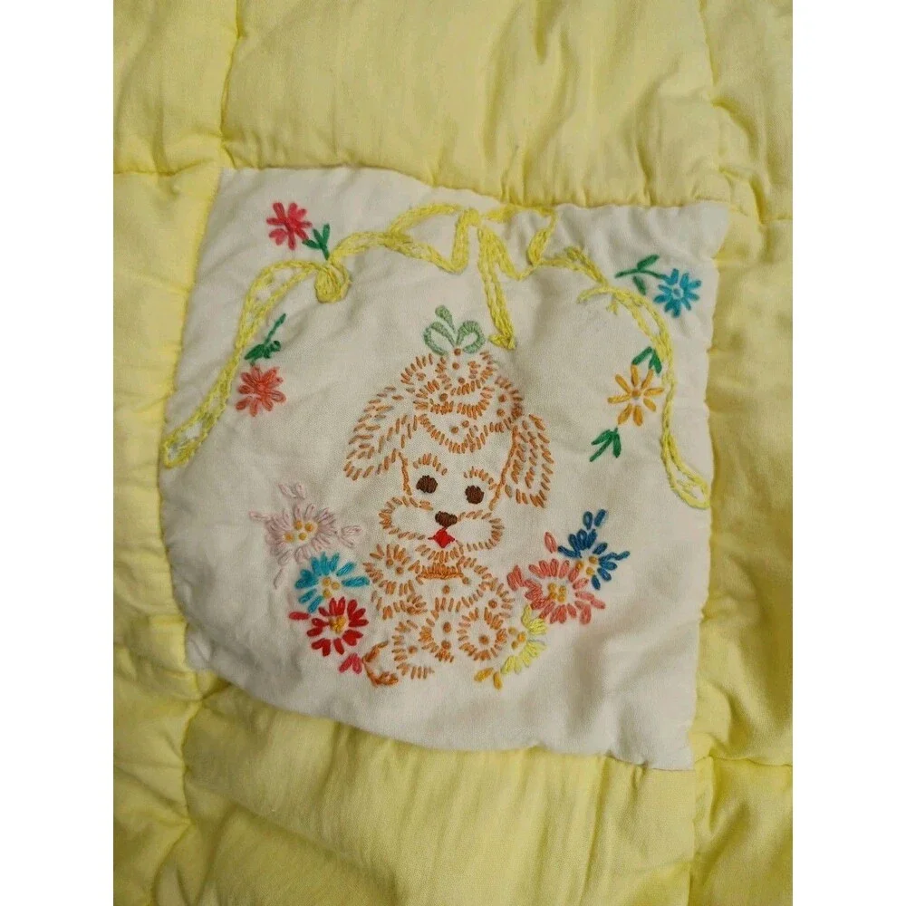 Vtg 70's Quilted Baby Crib Quilt Yellow Animals Embroidery Unisex 48x30